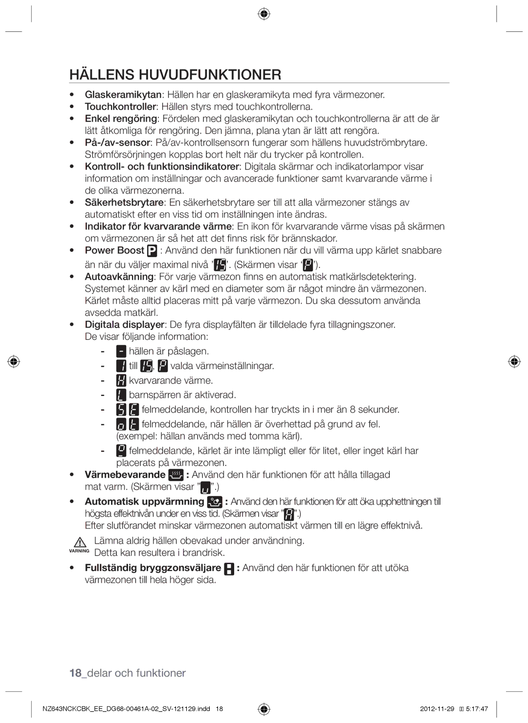 Samsung NZ643NCKCBK/EE, NZ643NCNCBK/EE manual Hällens huvudfunktioner, 18delar och funktioner 