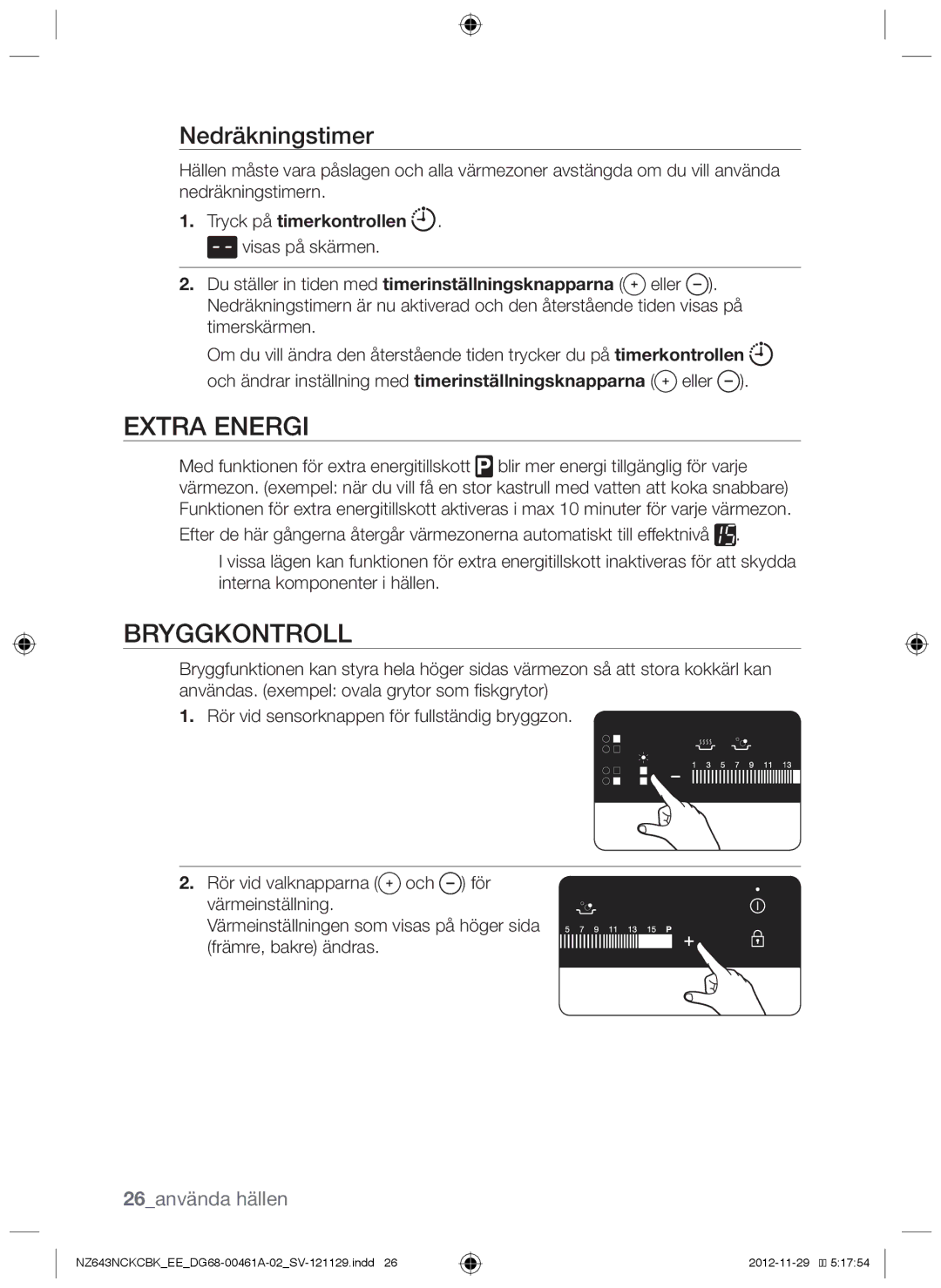 Samsung NZ643NCKCBK/EE, NZ643NCNCBK/EE manual Extra energi, Bryggkontroll, Nedräkningstimer, 26använda hällen 