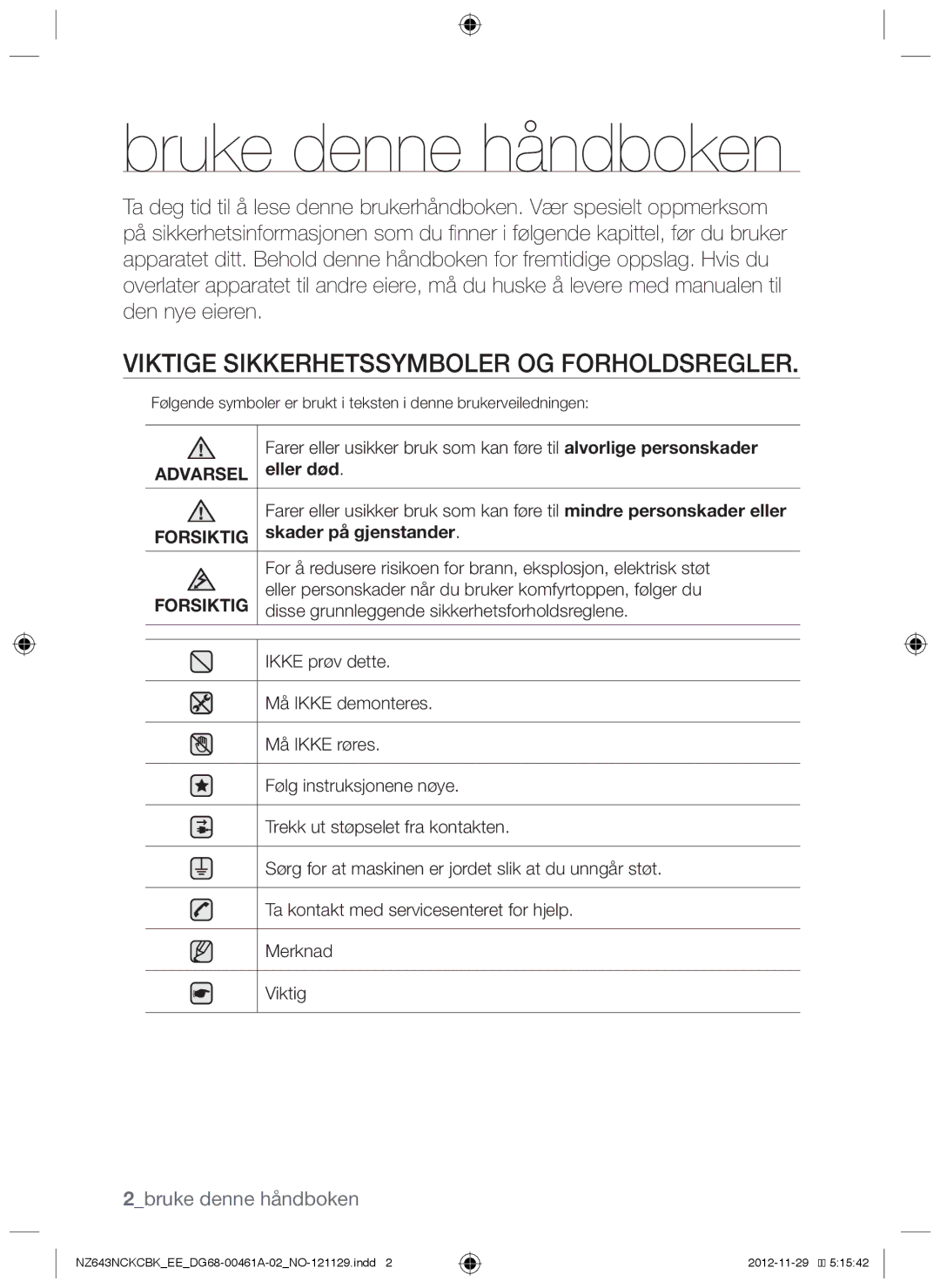 Samsung NZ643NCKCBK/EE manual Bruke denne håndboken, Viktige sikkerhetssymboler og forholdsregler, 2bruke denne håndboken 