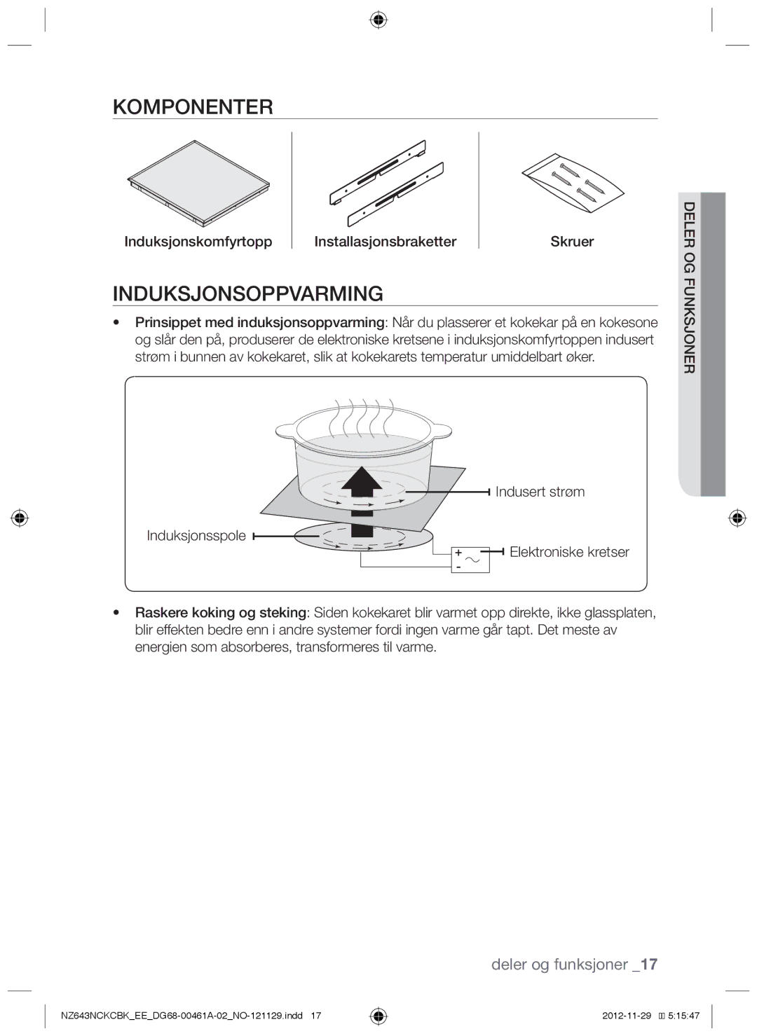 Samsung NZ643NCNCBK/EE manual Induksjonsoppvarming, Deler og funksjoner, Induksjonskomfyrtopp Installasjonsbraketter Skruer 