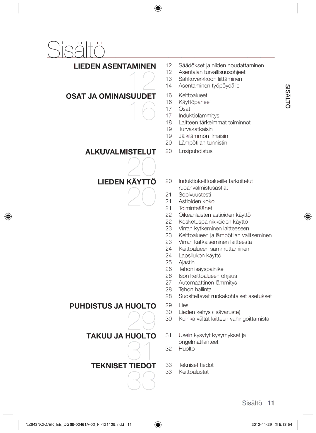 Samsung NZ643NCNCBK/EE, NZ643NCKCBK/EE manual Sisältö, Äls Si öt 