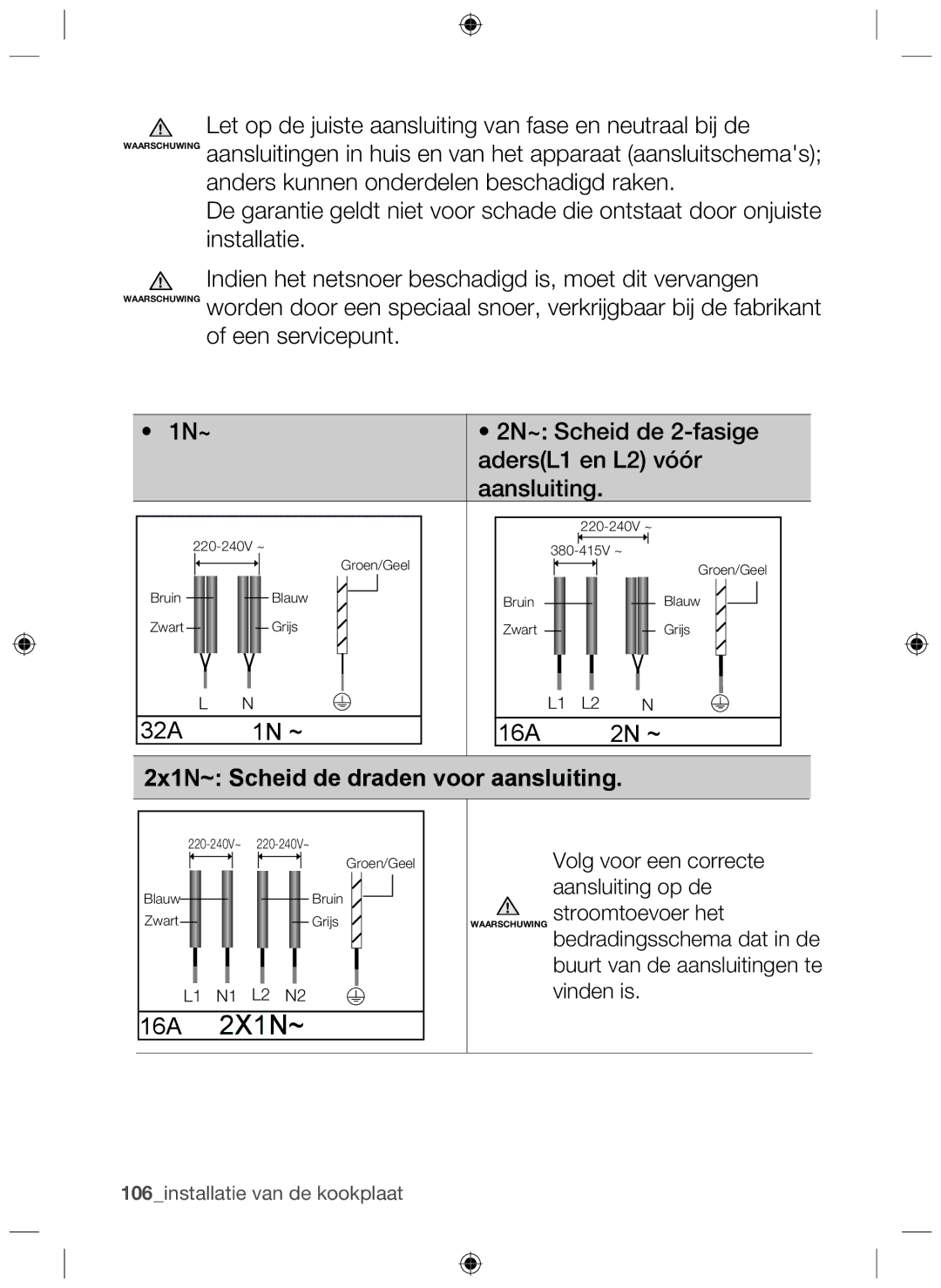 Samsung NZ64F3NM1AB/UR manual 16A 2X1N~, 2x1N~ Scheid de draden voor aansluiting 