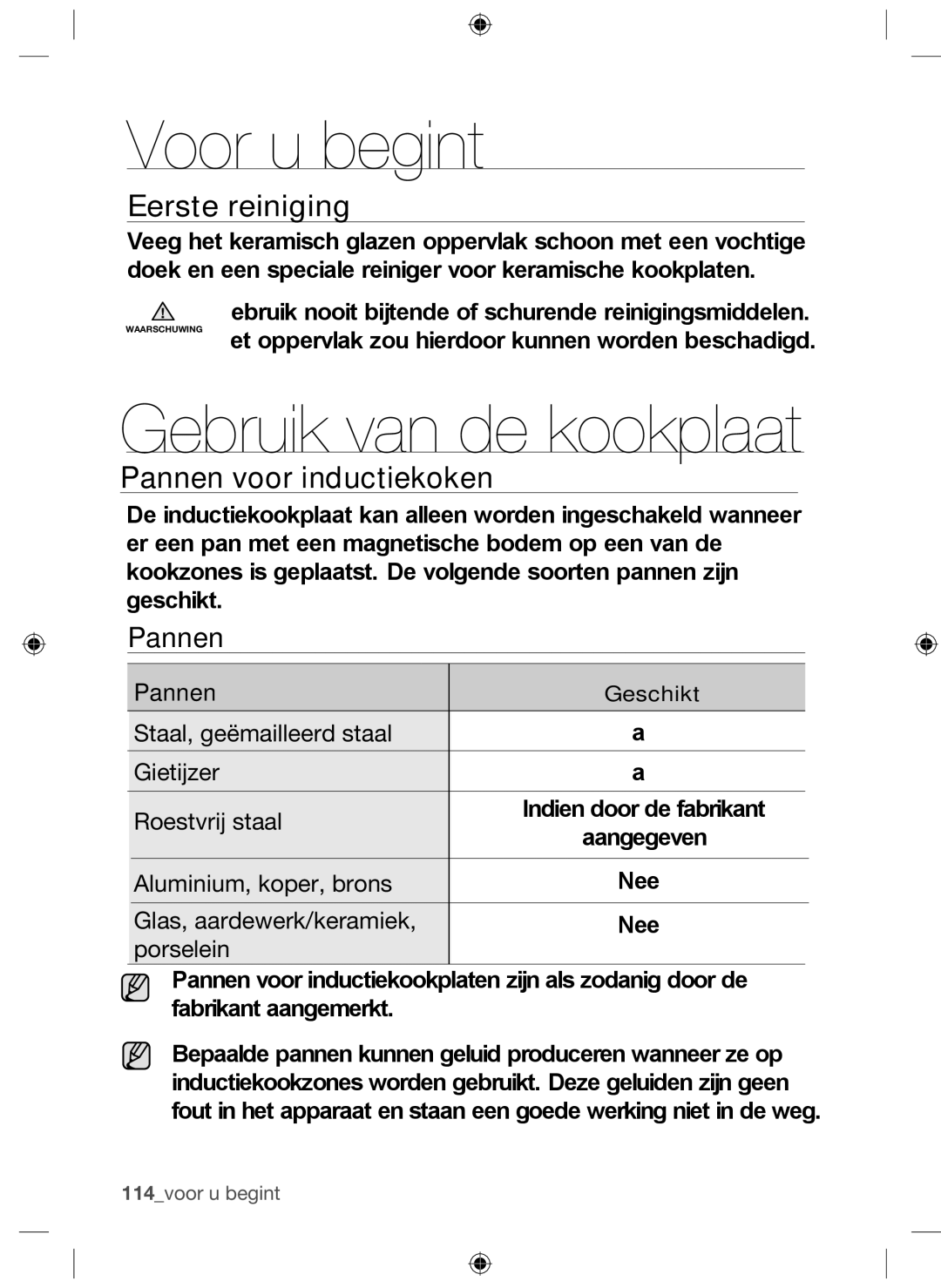 Samsung NZ64F3NM1AB/UR manual Voor u begint, Gebruik van de kookplaat, Eerste reiniging, Pannen voor inductiekoken 