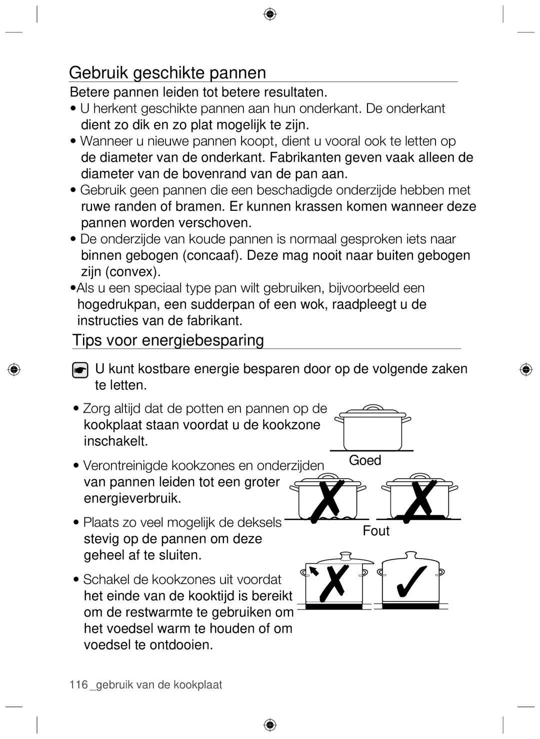 Samsung NZ64F3NM1AB/UR manual Gebruik geschikte pannen, Tips voor energiebesparing 