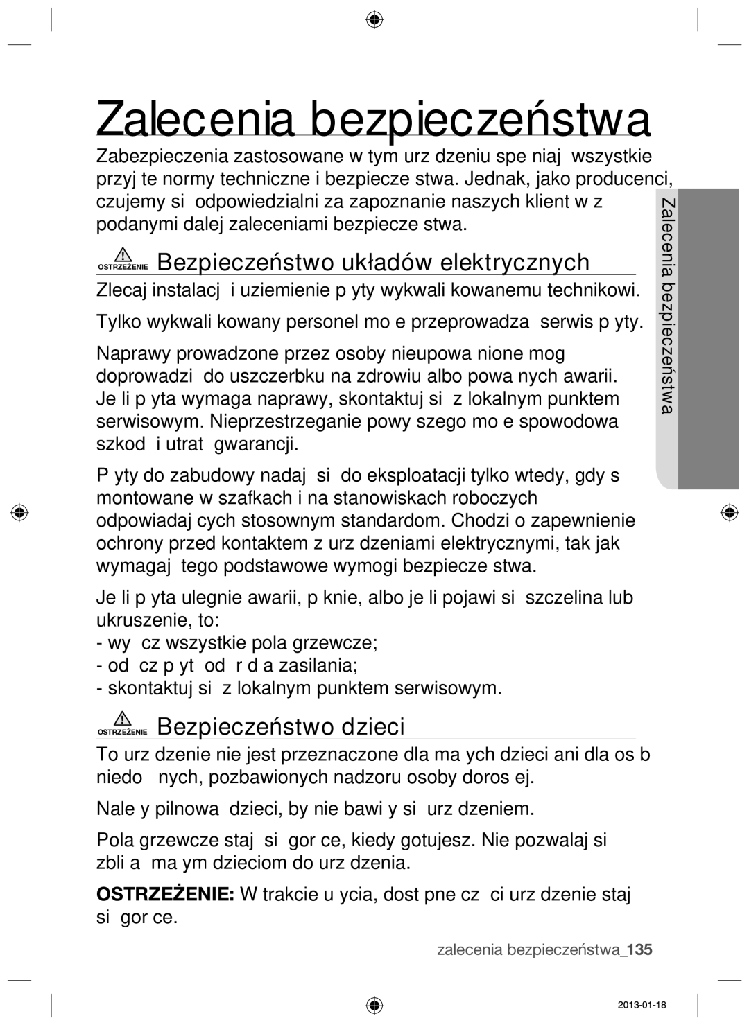 Samsung NZ64F3NM1AB/UR manual Ostrzeżenie Bezpieczeństwo układów elektrycznych, Ostrzeżenie Bezpieczeństwo dzieci 