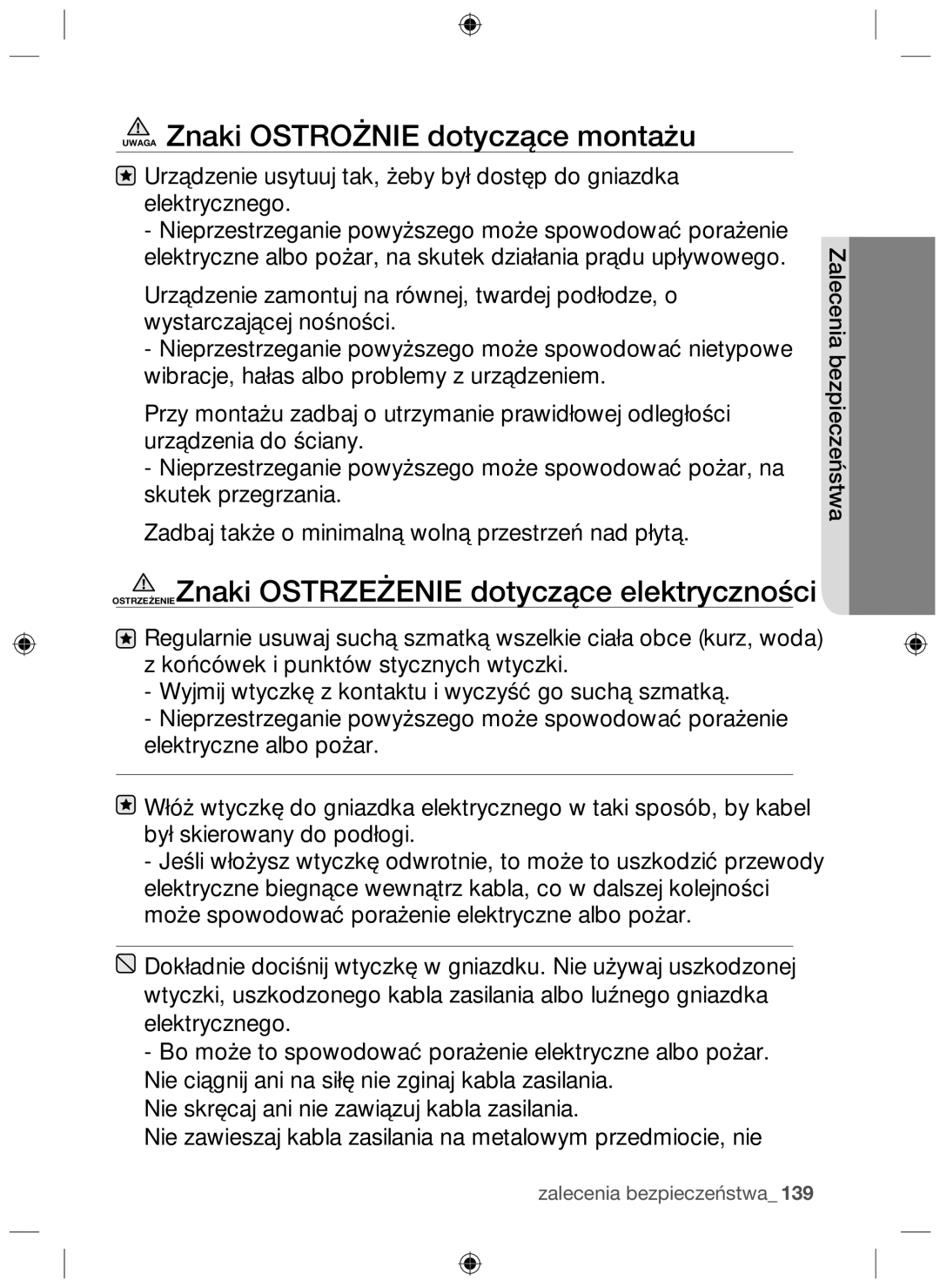 Samsung NZ64F3NM1AB/UR Uwaga Znaki Ostrożnie dotyczące montażu, OSTRZEŻENIEZnaki Ostrzeżenie dotyczące elektryczności 