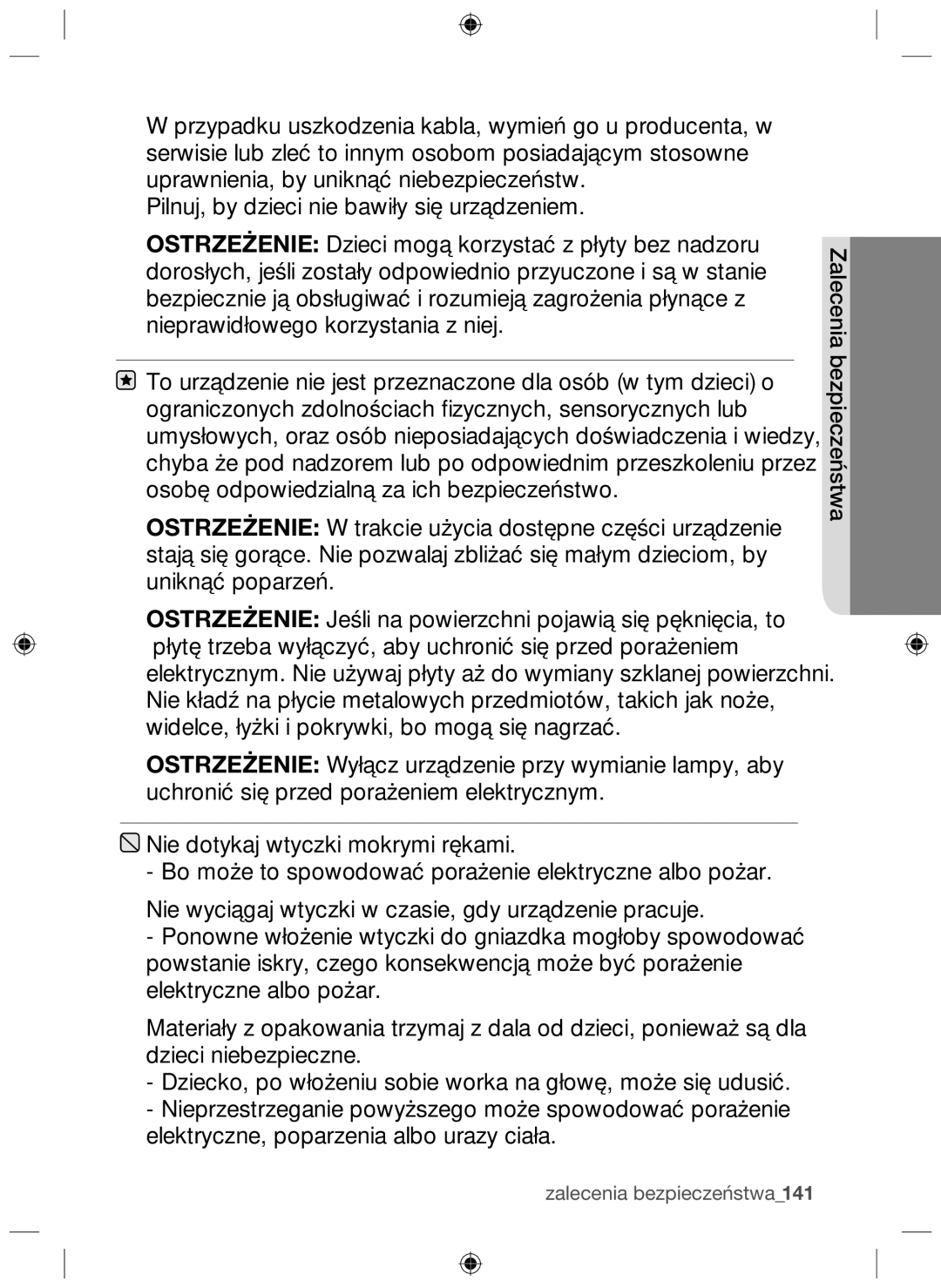 Samsung NZ64F3NM1AB/UR manual Zalecenia bezpieczeństwa141 