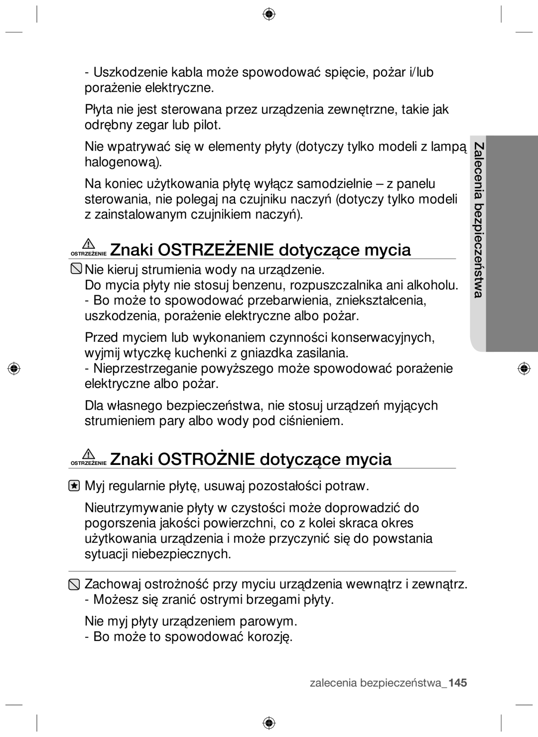 Samsung NZ64F3NM1AB/UR manual Ostrzeżenie Znaki Ostrzeżenie dotyczące mycia, Ostrzeżenie Znaki Ostrożnie dotyczące mycia 