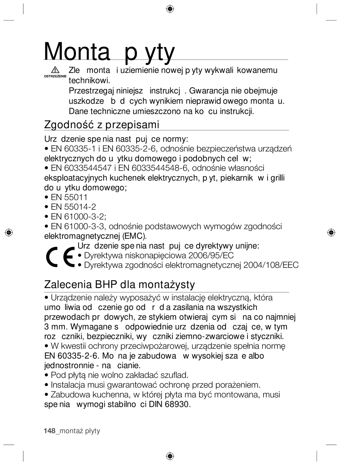 Samsung NZ64F3NM1AB/UR manual Montaż płyty, Zgodność z przepisami, Zalecenia BHP dla montażysty 