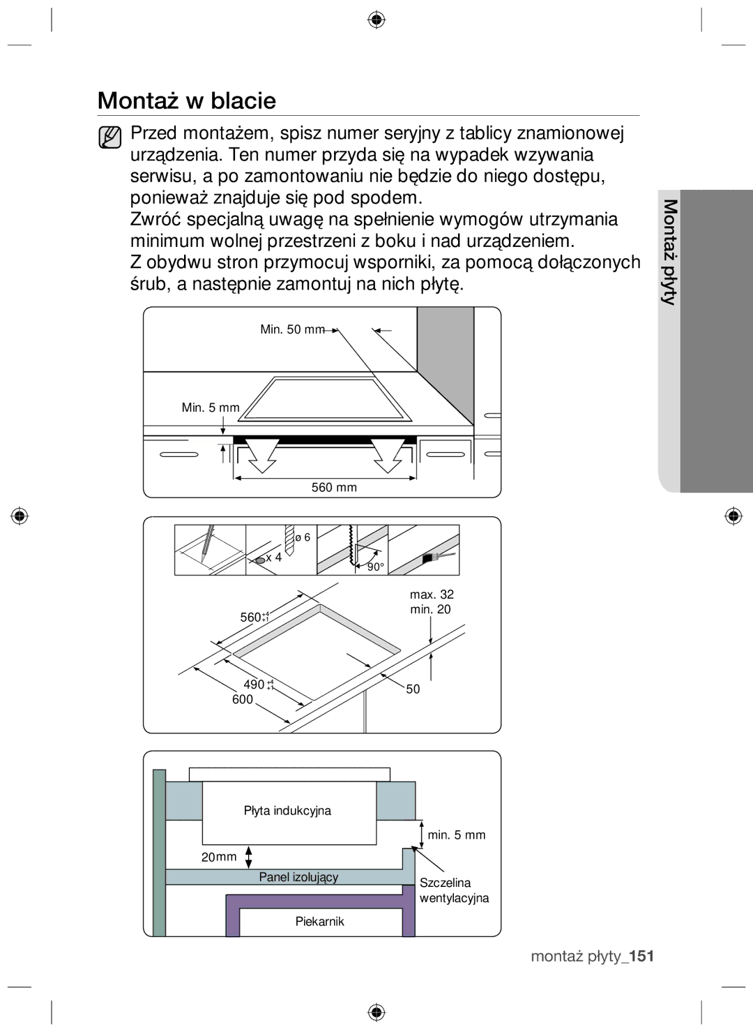 Samsung NZ64F3NM1AB/UR manual Montaż w blacie, Montaż płyty 