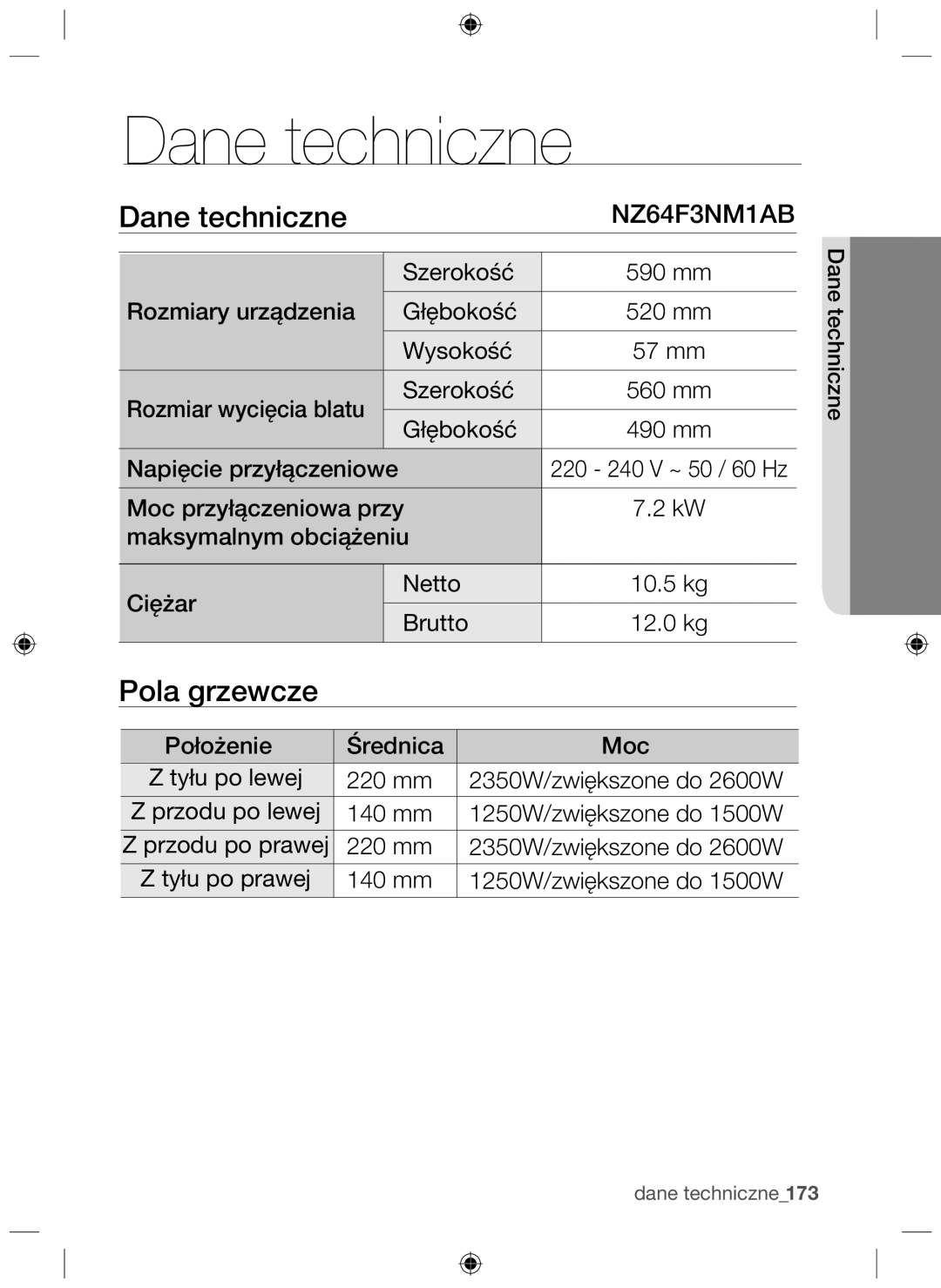 Samsung NZ64F3NM1AB/UR manual Dane techniczne, Pola grzewcze 