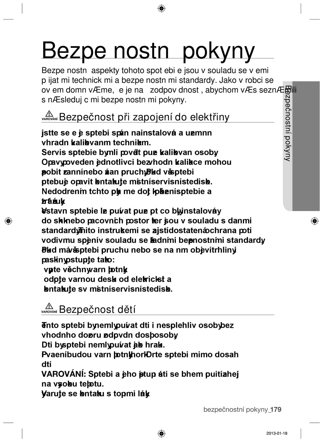 Samsung NZ64F3NM1AB/UR manual Bezpečnostní pokyny, Varování Bezpečnost při zapojení do elektřiny, Varování Bezpečnost dětí 