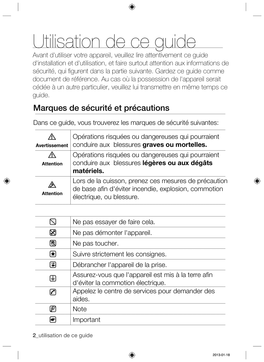 Samsung NZ64F3NM1AB/UR manual Utilisation de ce guide, Marques de sécurité et précautions, Matériels 