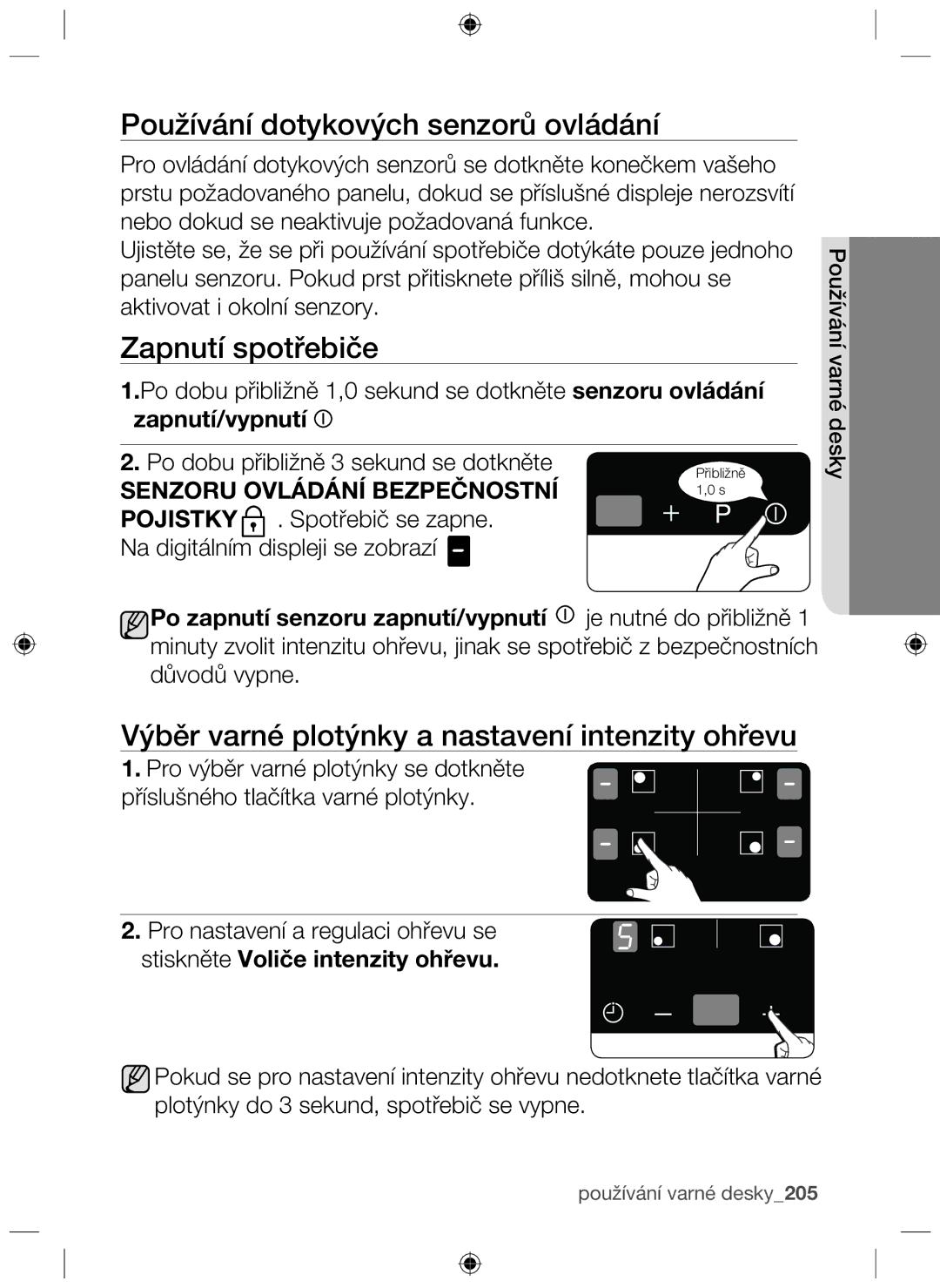 Samsung NZ64F3NM1AB/UR manual Používání dotykových senzorů ovládání, Zapnutí spotřebiče 