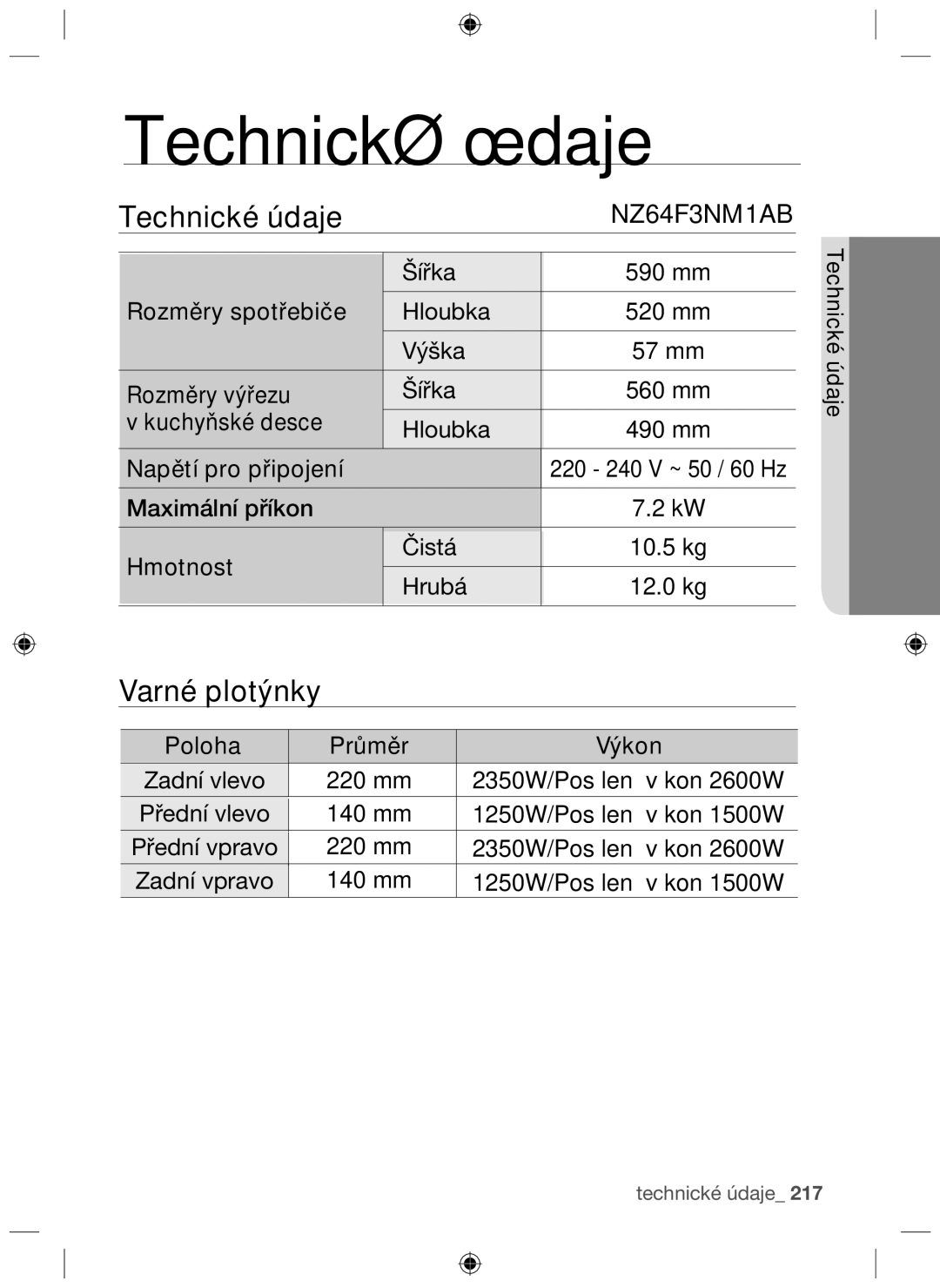 Samsung NZ64F3NM1AB/UR manual Technické údaje 