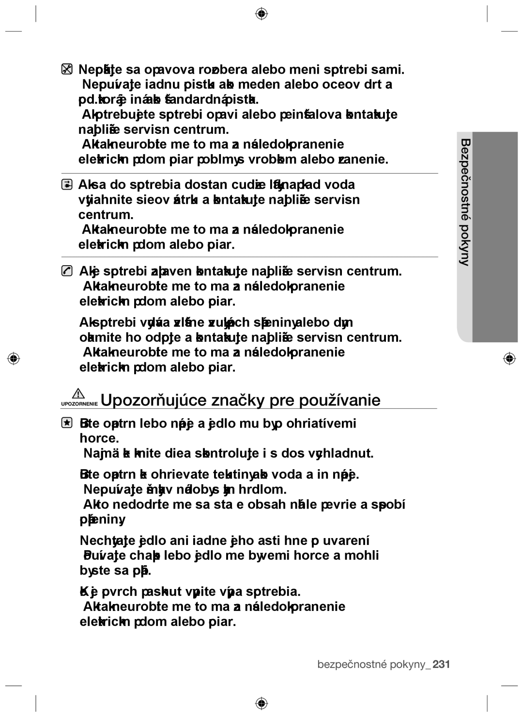 Samsung NZ64F3NM1AB/UR manual Upozornenie Upozorňujúce značky pre používanie 