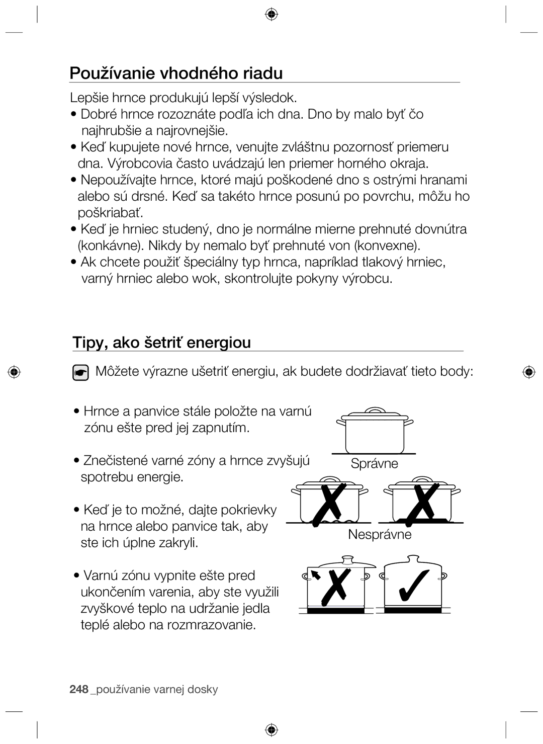 Samsung NZ64F3NM1AB/UR manual Používanie vhodného riadu, Tipy, ako šetriť energiou 