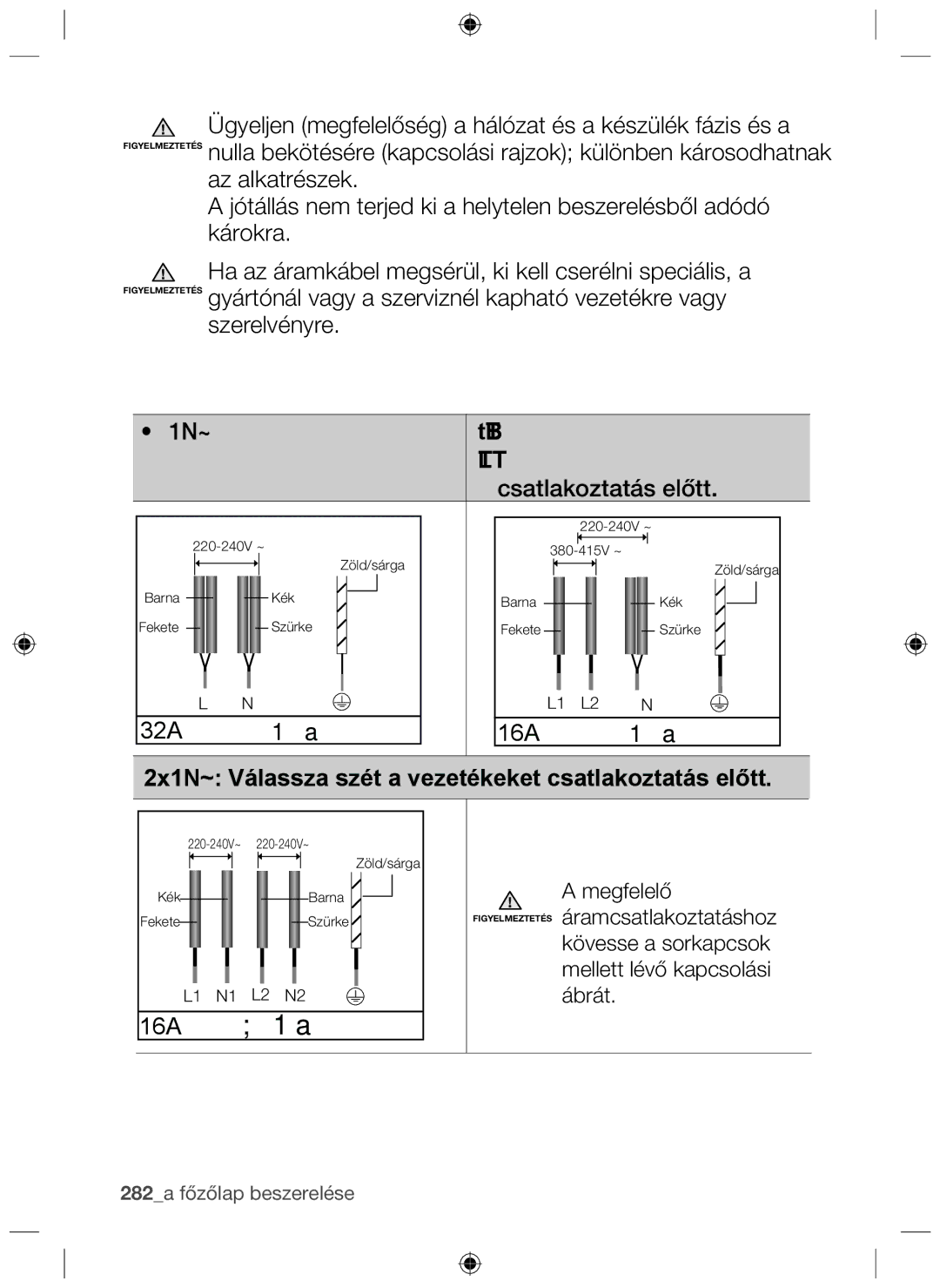 Samsung NZ64F3NM1AB/UR manual 16A 2X1N~, 2x1N~ Válassza szét a vezetékeket csatlakoztatás előtt 