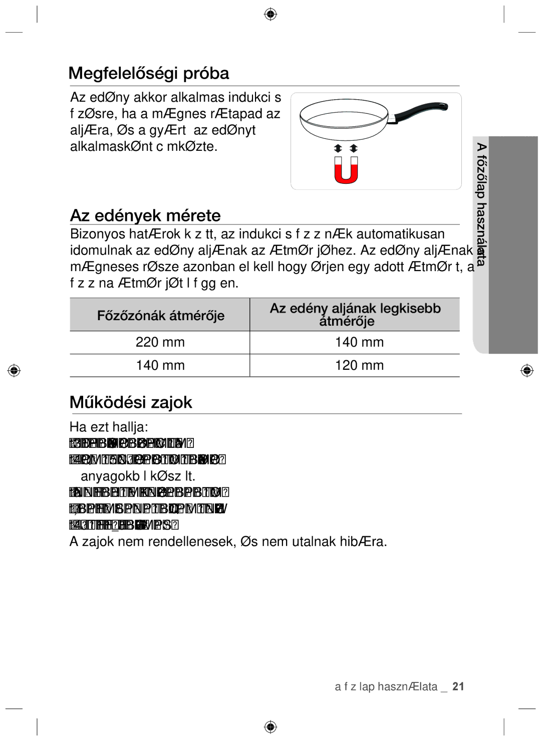 Samsung NZ64F3NM1AB/UR manual Megfelelőségi próba, Az edények mérete, Működési zajok 