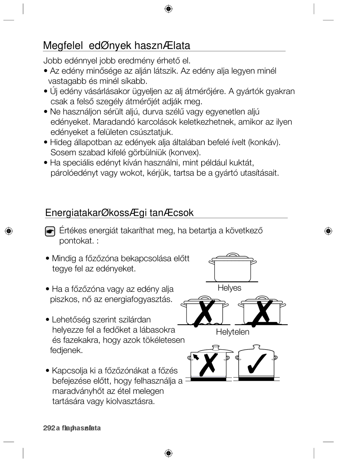 Samsung NZ64F3NM1AB/UR manual Megfelelő edények használata, Energiatakarékossági tanácsok 