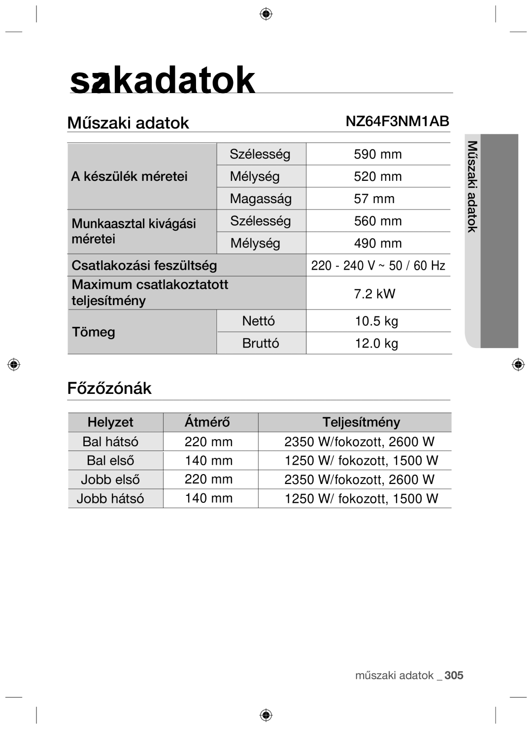 Samsung NZ64F3NM1AB/UR manual Műszaki adatok, Főzőzónák 