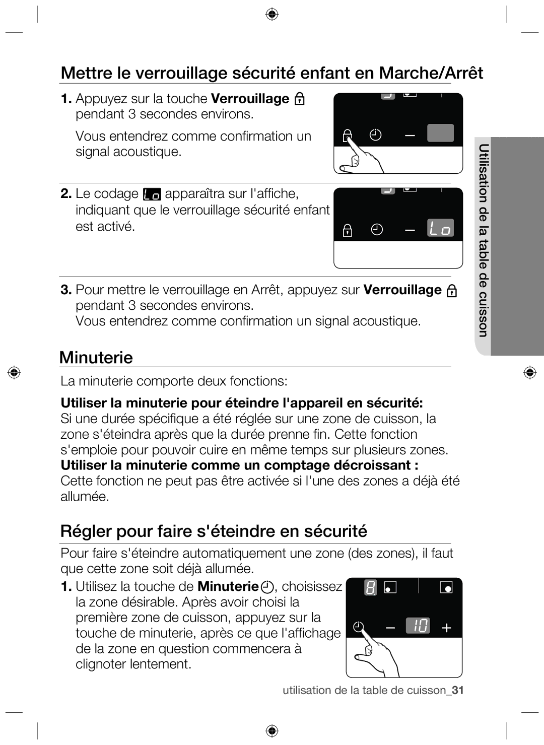 Samsung NZ64F3NM1AB/UR manual Mettre le verrouillage sécurité enfant en Marche/Arrêt, Minuterie 