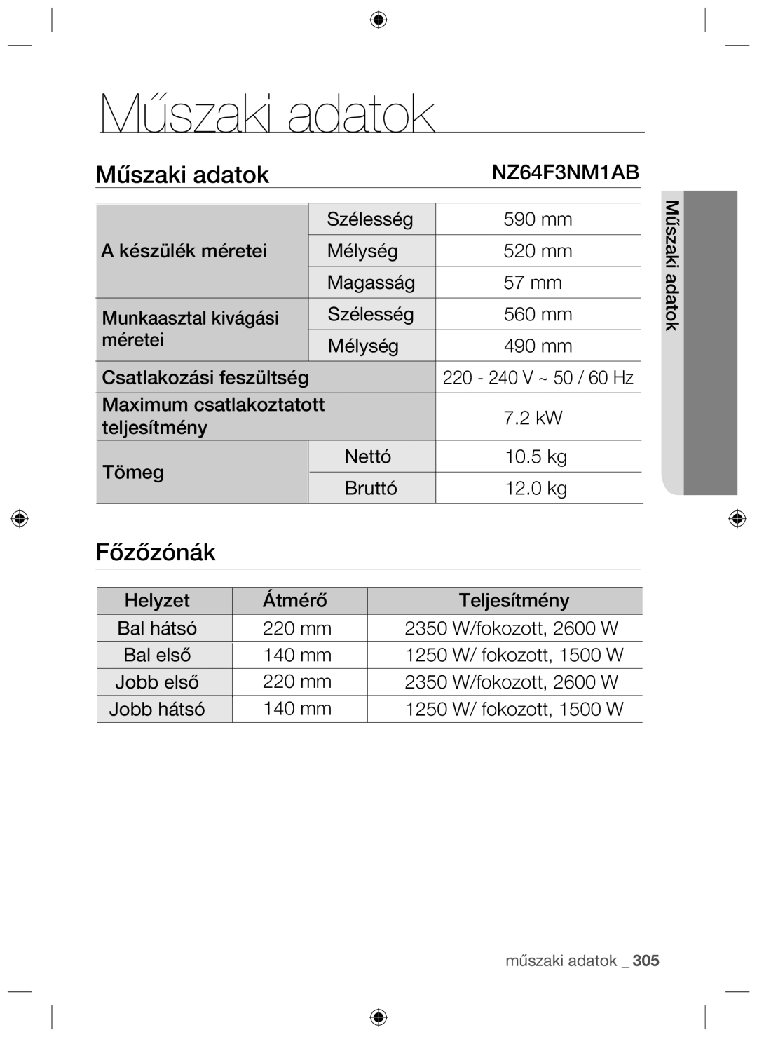 Samsung NZ64F3NM1AB/UR manual Műszaki adatok 