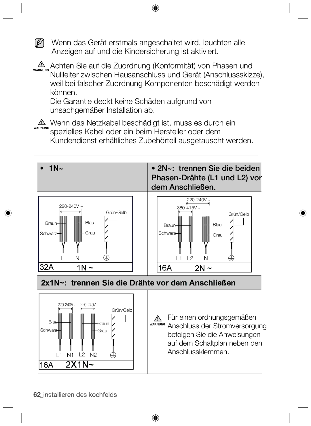 Samsung NZ64F3NM1AB/UR manual 16A 2X1N~, 2x1N~ trennen Sie die Drähte vor dem Anschließen 