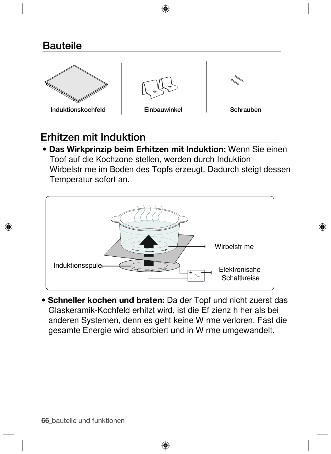 Samsung NZ64F3NM1AB/UR manual Bauteile, Erhitzen mit Induktion 