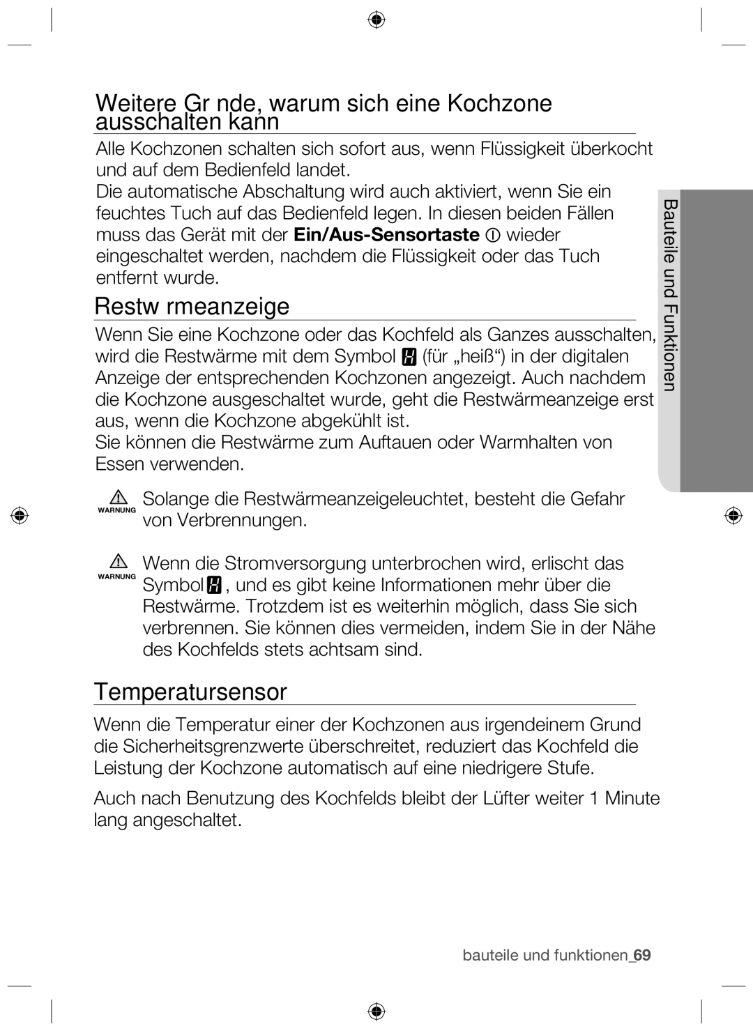 Samsung NZ64F3NM1AB/UR manual Weitere Gründe, warum sich eine Kochzone ausschalten kann, Restwärmeanzeige, Temperatursensor 