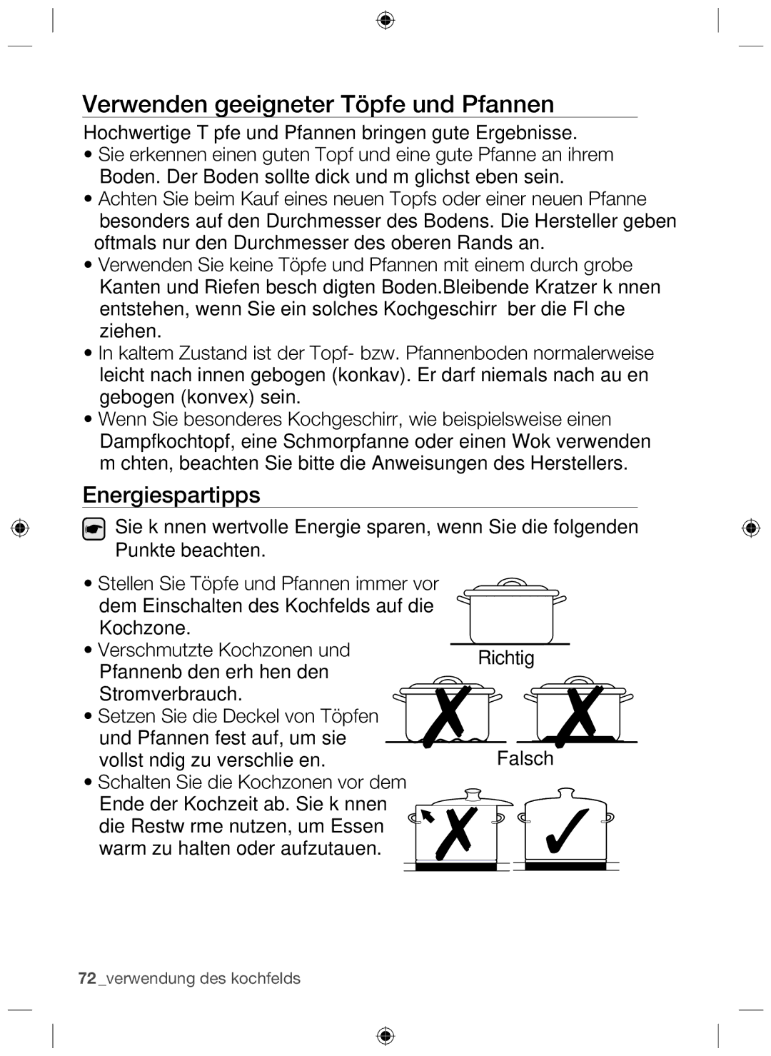 Samsung NZ64F3NM1AB/UR manual Verwenden geeigneter Töpfe und Pfannen, Energiespartipps 