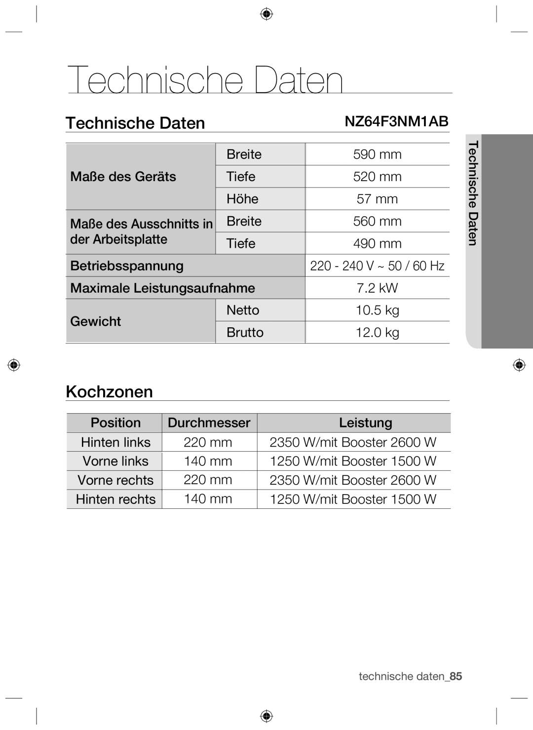 Samsung NZ64F3NM1AB/UR manual Technische Daten, Kochzonen 