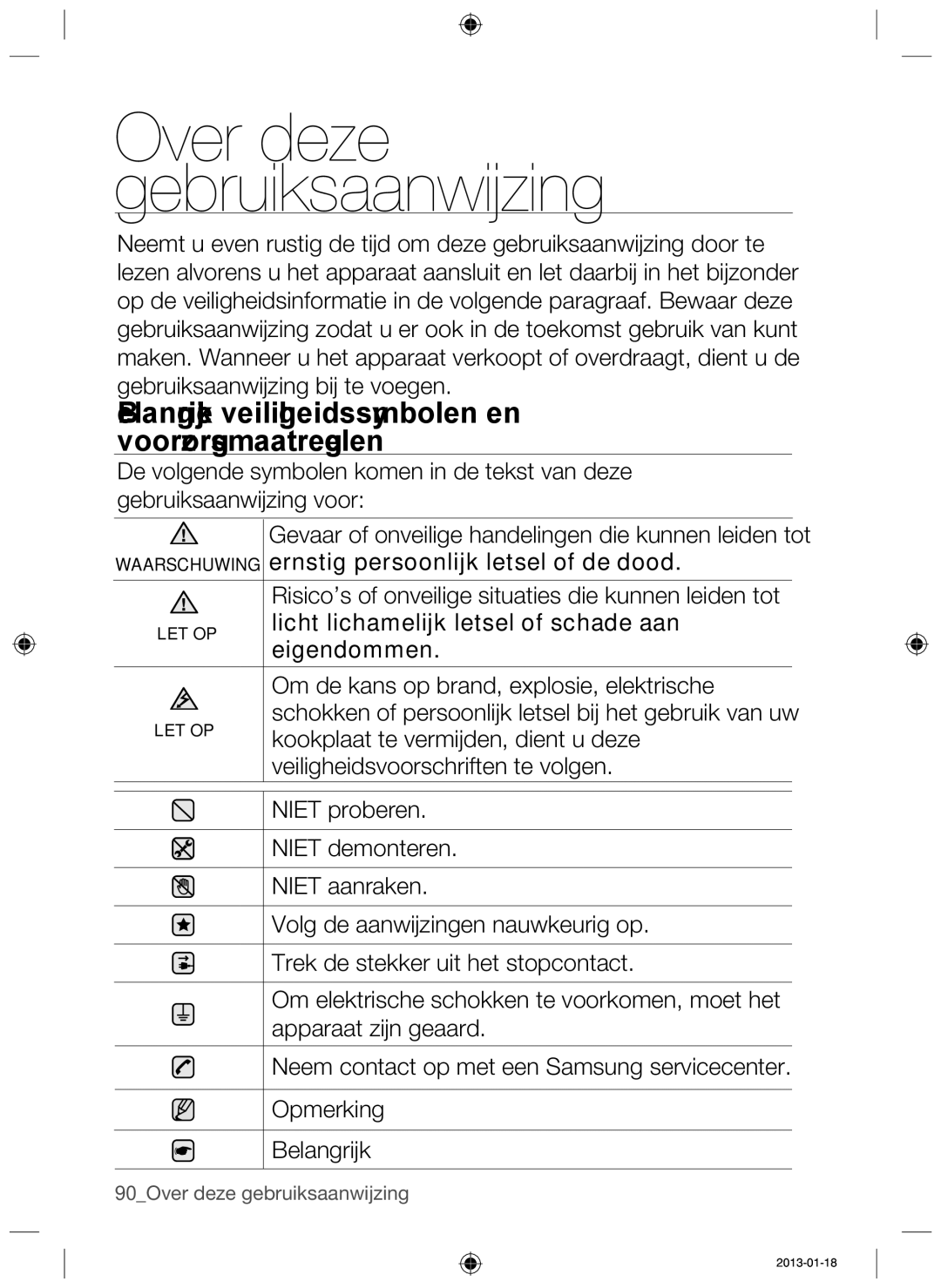 Samsung NZ64F3NM1AB/UR Belangrijke veiligheidssymbolen en voorzorgsmaatregelen, Ernstig persoonlijk letsel of de dood 