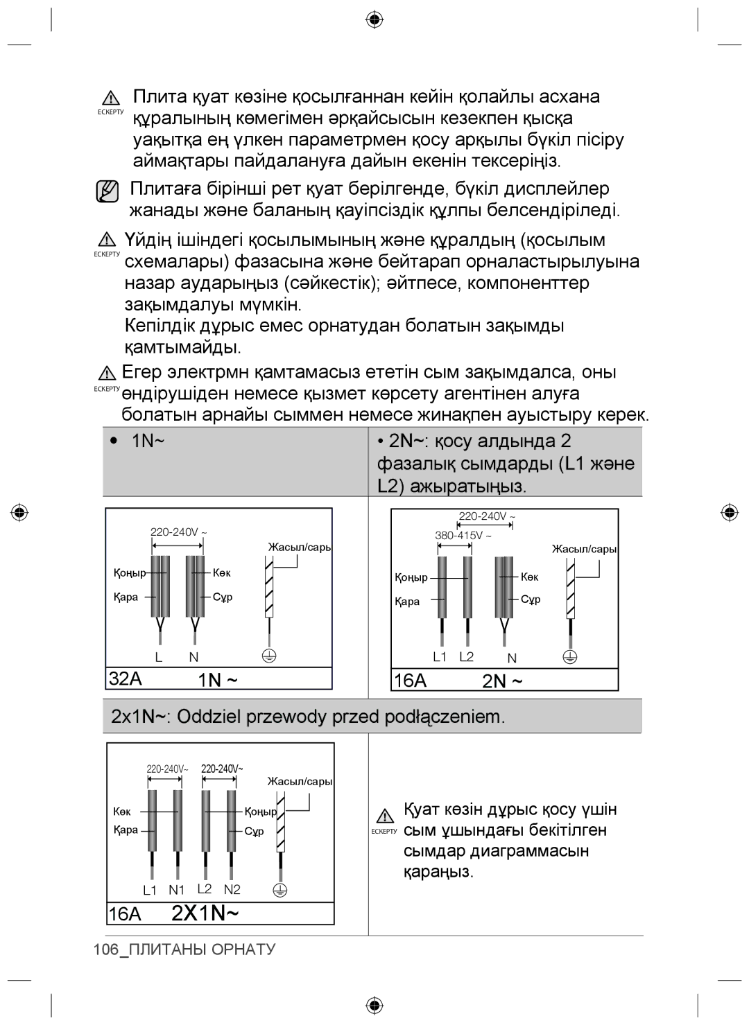 Samsung NZ64F3NM1AB/WT manual 32A 1N ~ 16A 2N ~ 2x1N~ Oddziel przewody przed podłączeniem 