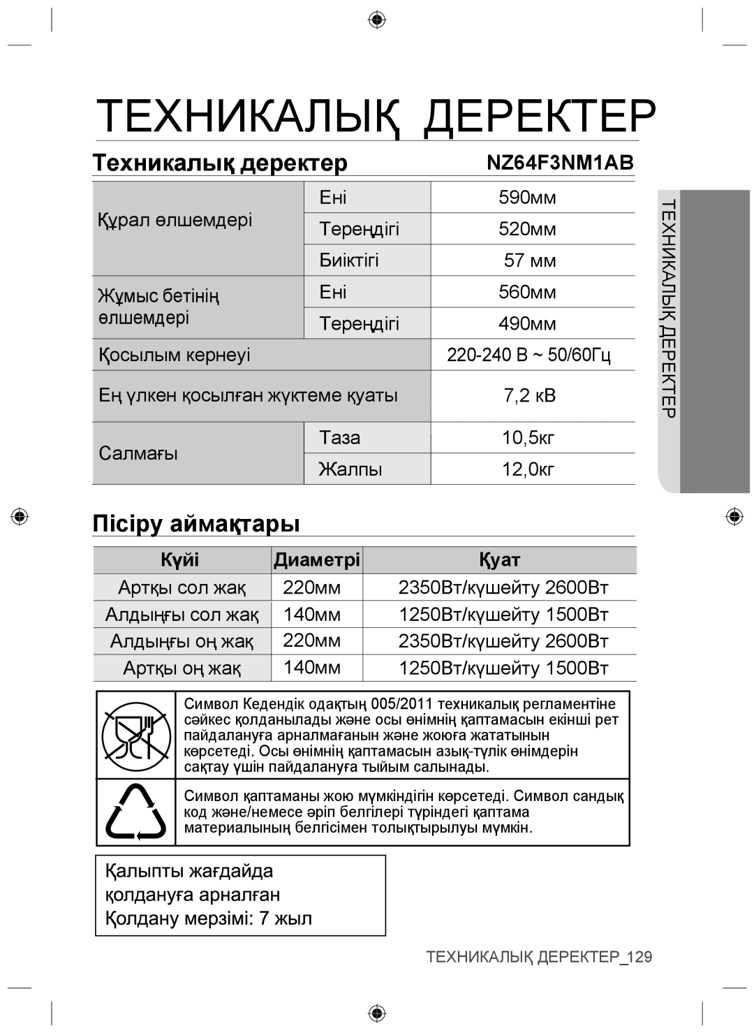 Samsung NZ64F3NM1AB/WT manual Техникалық деректер, Пісіру аймақтары 