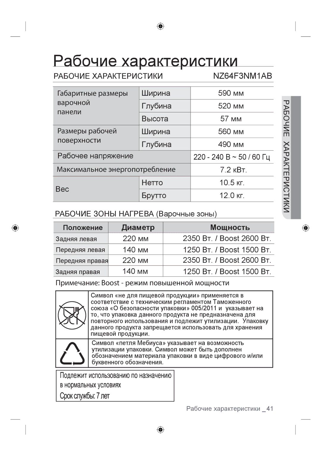 Samsung NZ64F3NM1AB/WT manual Рабочие характеристики 