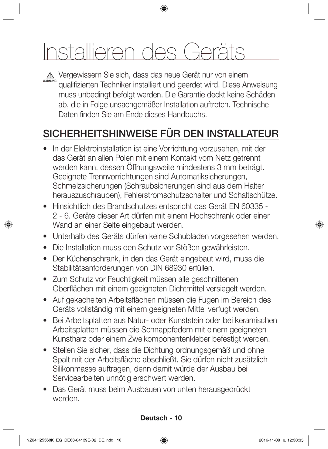 Samsung NZ64H25568K/EG manual Installieren des Geräts, Sicherheitshinweise für den Installateur 