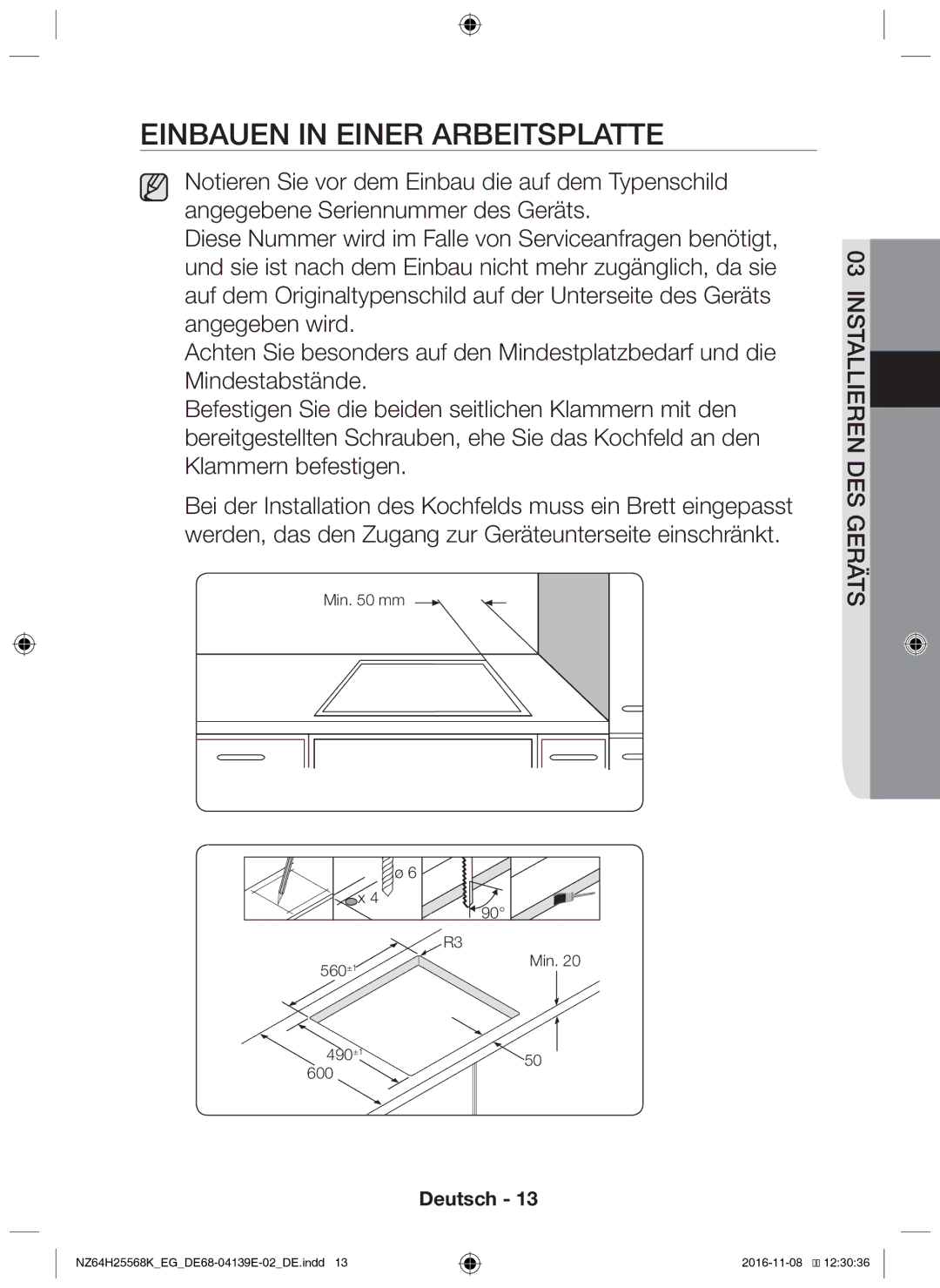 Samsung NZ64H25568K/EG manual Einbauen in einer Arbeitsplatte 