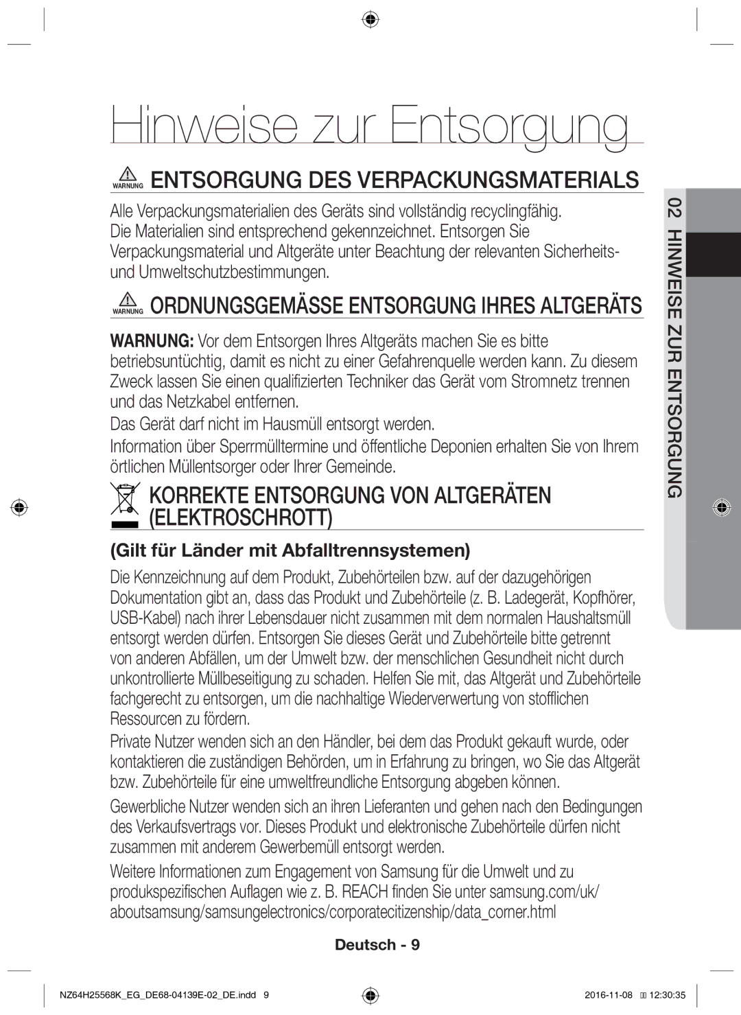 Samsung NZ64H25568K/EG Warnung Entsorgung des Verpackungsmaterials, Warnung OrdnungsgemäSSe Entsorgung Ihres Altgeräts 