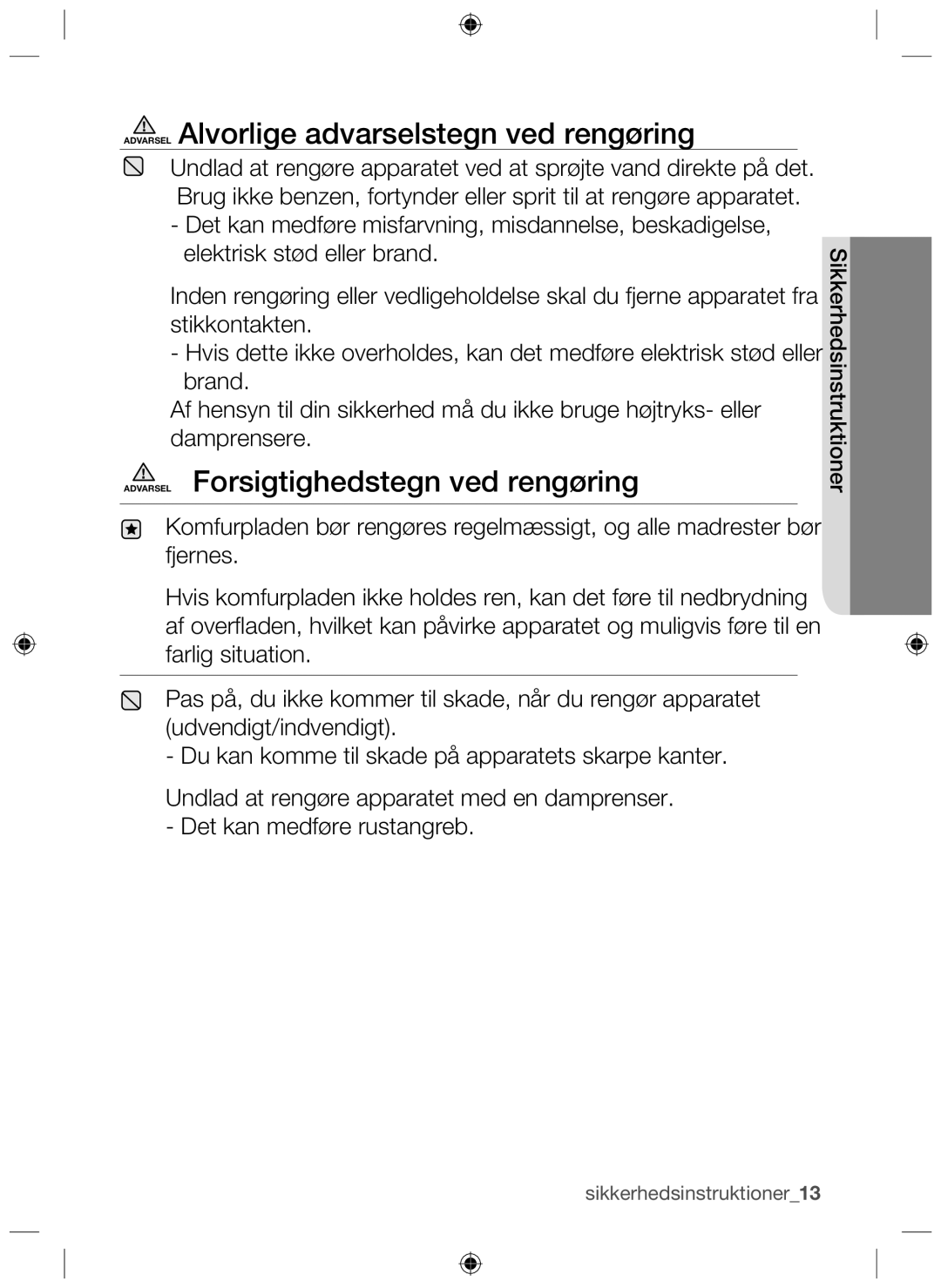 Samsung NZ64H37070K/EE manual Sikkerhedsinstruktioner13 