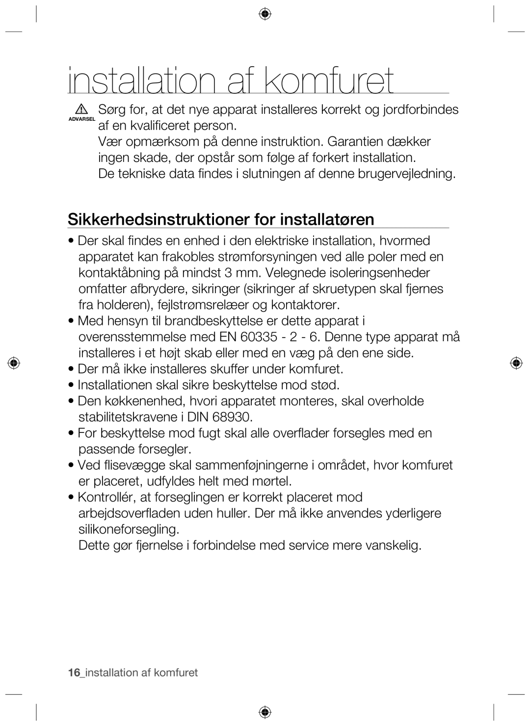 Samsung NZ64H37070K/EE manual Installation af komfuret, Sikkerhedsinstruktioner for installatøren 