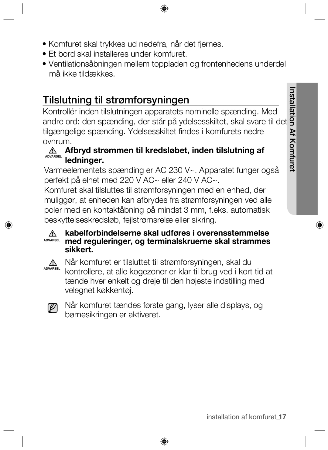 Samsung NZ64H37070K/EE manual Tilslutning til strømforsyningen 