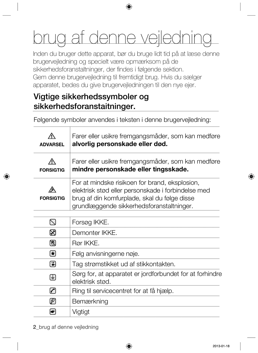 Samsung NZ64H37070K/EE manual Brug af denne vejledning, Vigtige sikkerhedssymboler og sikkerhedsforanstaitninger 