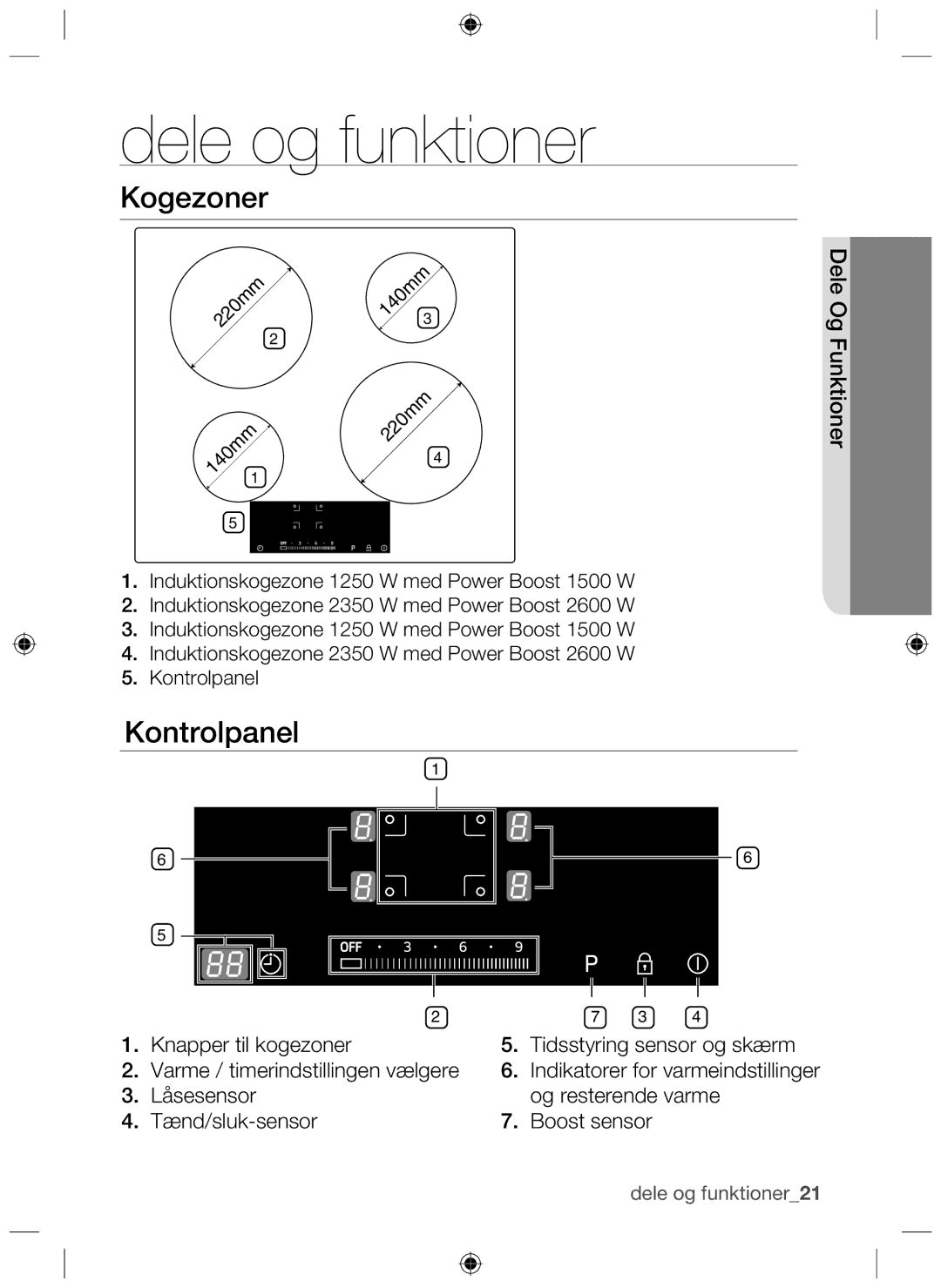 Samsung NZ64H37070K/EE manual Låsesensor Og resterende varme Tænd/sluk-sensor Boost sensor 