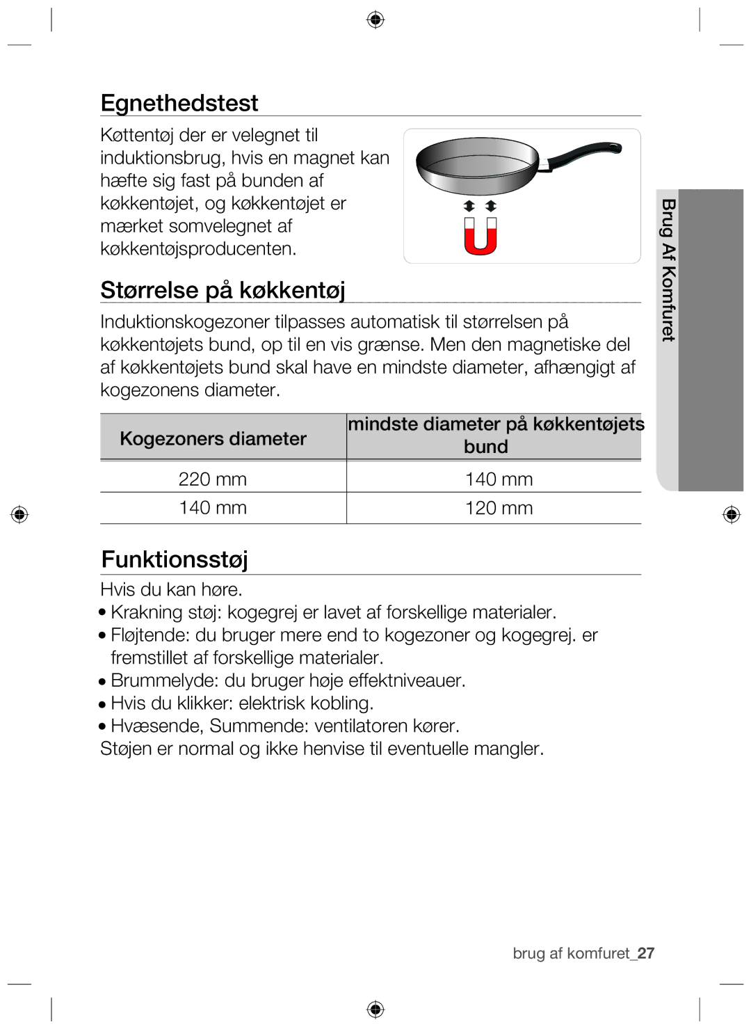 Samsung NZ64H37070K/EE manual Egnethedstest, Størrelse på køkkentøj, Funktionsstøj 