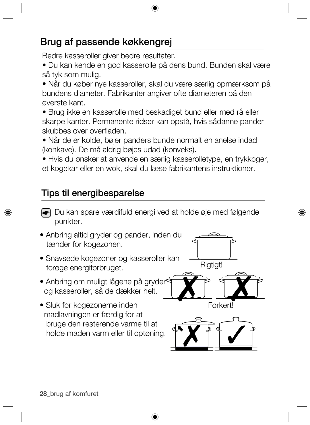 Samsung NZ64H37070K/EE manual Brug af passende køkkengrej, Tips til energibesparelse 