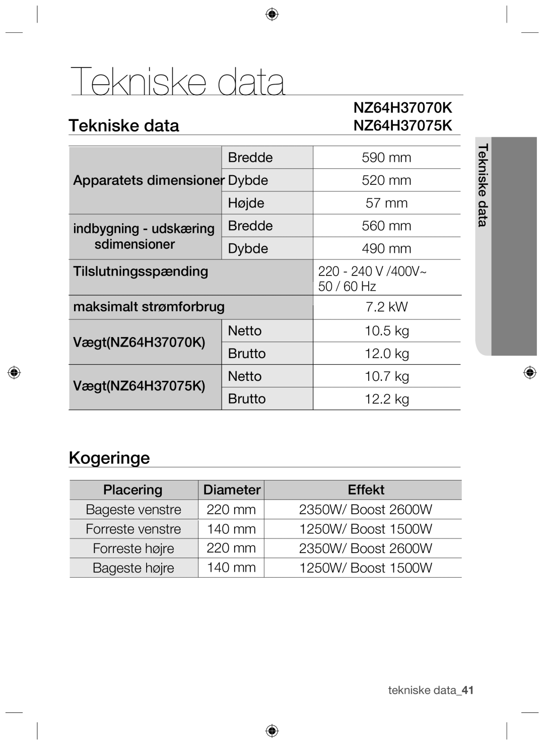 Samsung NZ64H37070K/EE manual Tekniske data, Kogeringe 