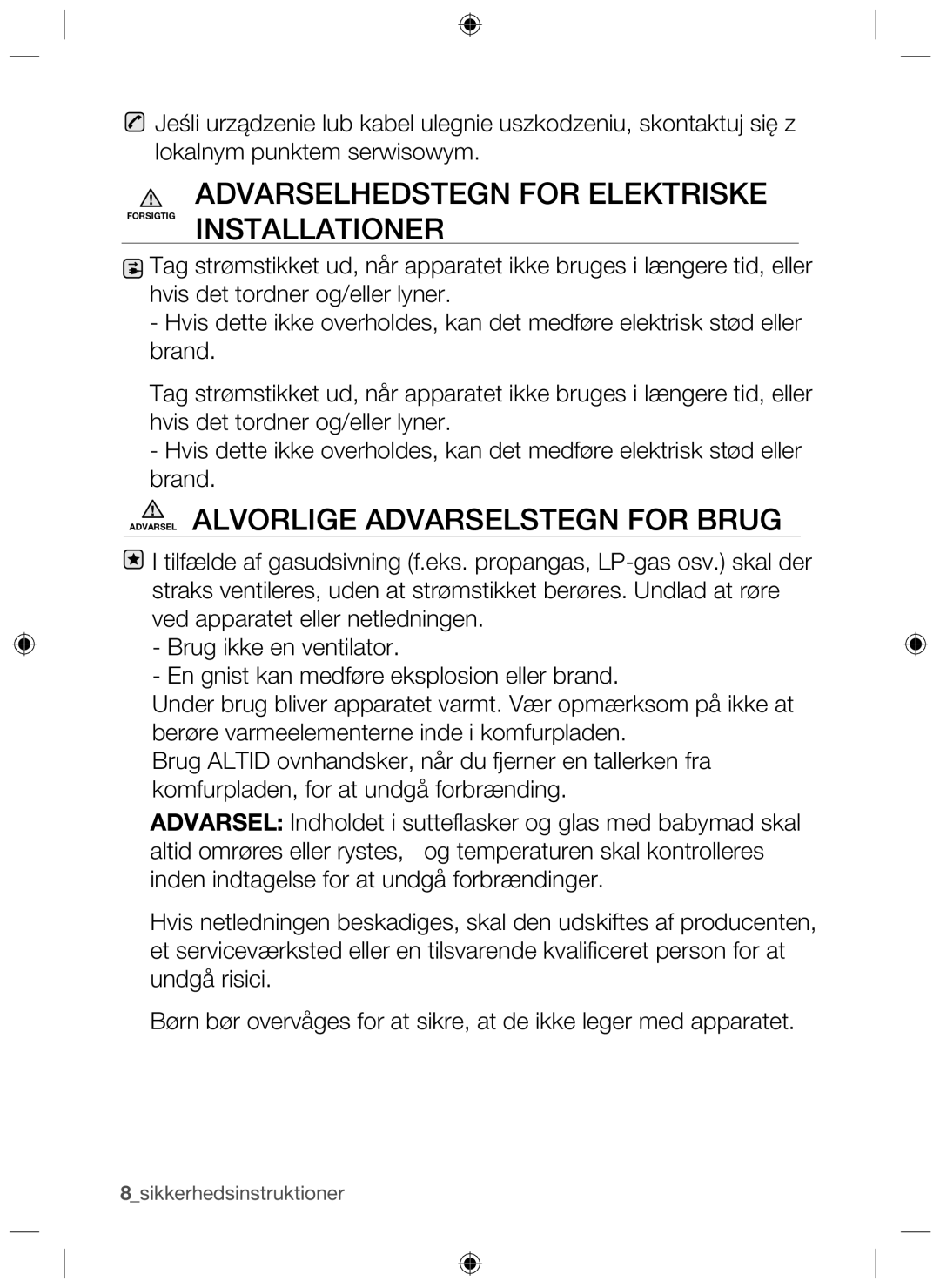 Samsung NZ64H37070K/EE manual 8sikkerhedsinstruktioner 