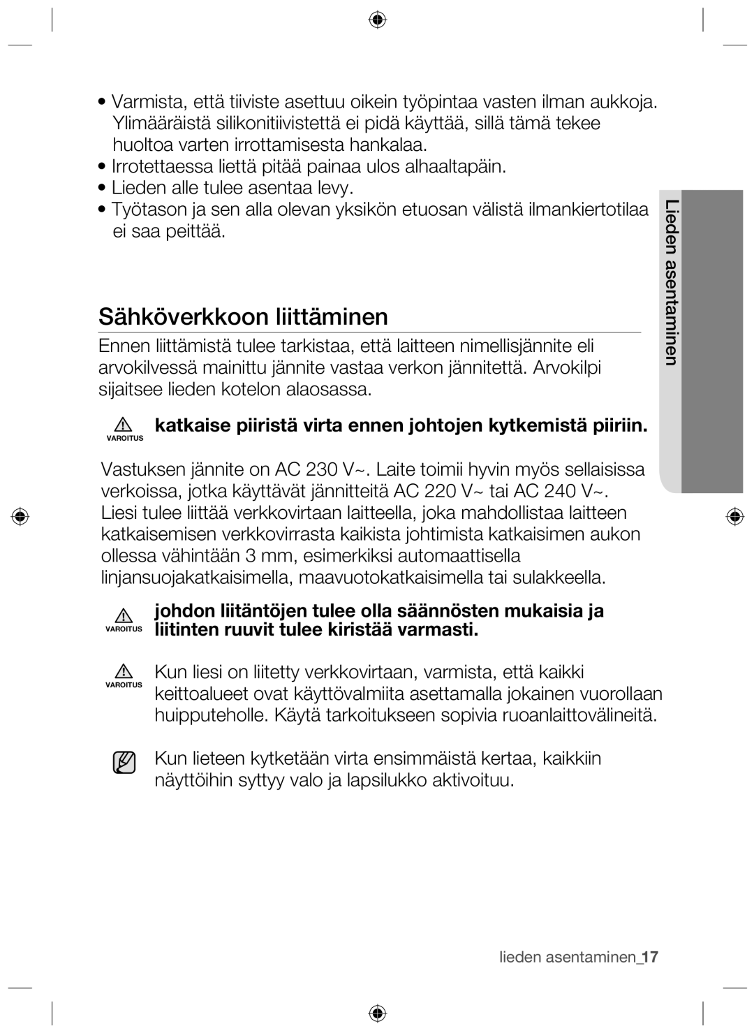 Samsung NZ64H37070K/EE manual Sähköverkkoon liittäminen, Varoitus 