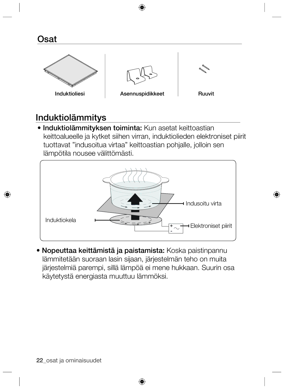 Samsung NZ64H37070K/EE manual Osat, Induktiolämmitys 